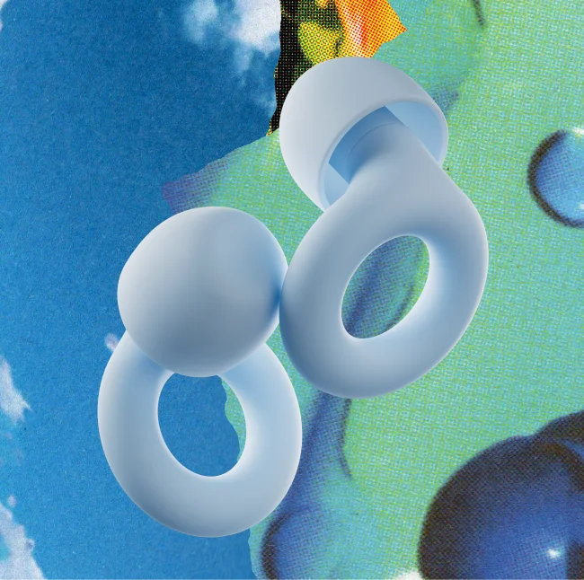 Two Loop Quiet earplugs in Kinetic’s Bubble Blue color against a colorful, retro background.