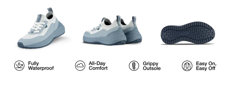 Fully Waterproof, All-Day Comfort, Grippy Outsole, Easy On, Easy Off.