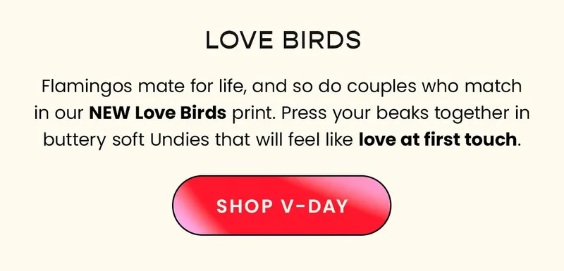 Love Birds. Flamingos mate for life, and so do couples who match in our NEW Love Birds print. Press your beaks together in buttery soft Undies that will feel like love at first touch. Shop V-Day.