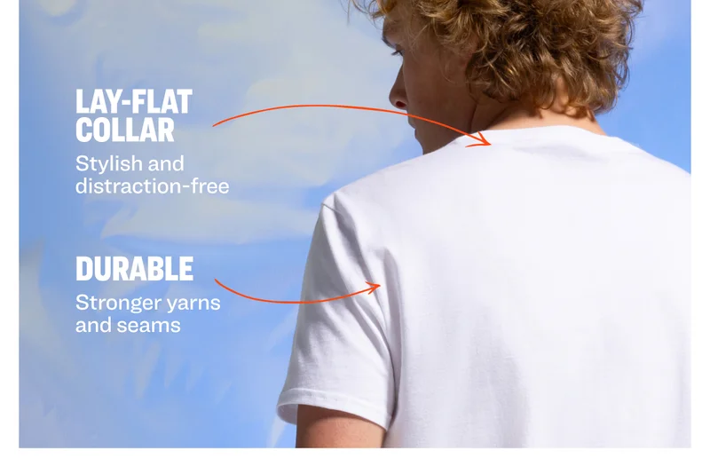 LAY-FLAT COLLAR Stylish and distraction-free DURABLE Stronger yarns  and seams