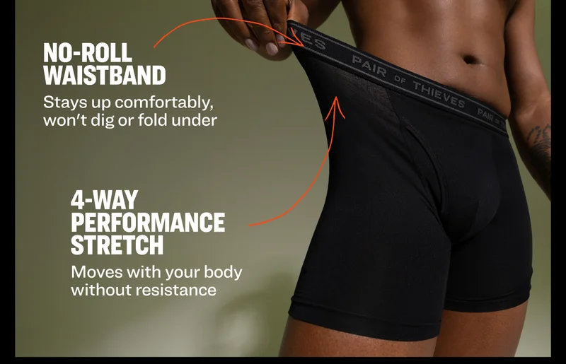 NO-ROLL WAISTBAND Stays up comfortably, won't dig or fold under 4-WAY PERFORMANCE STRETCH Moves with your body without resistance