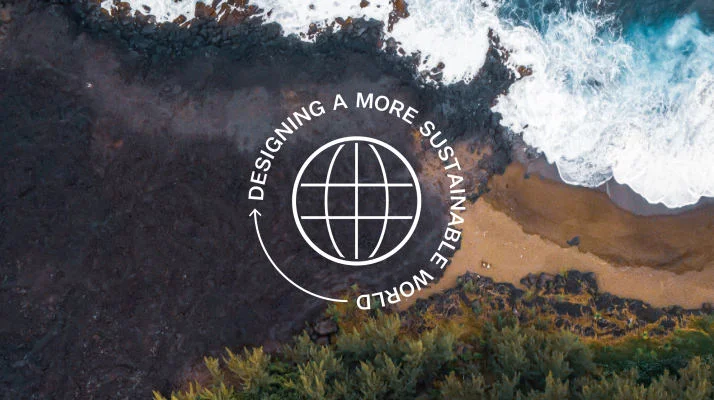 Designing a more sustainable world is written in white a circular pattern with a natural environment image in the background