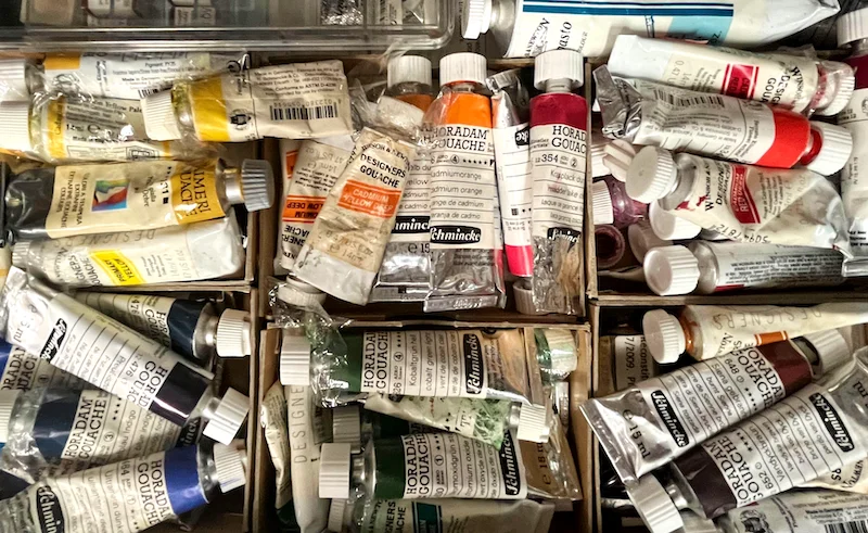 A photograph of tubes of gouache