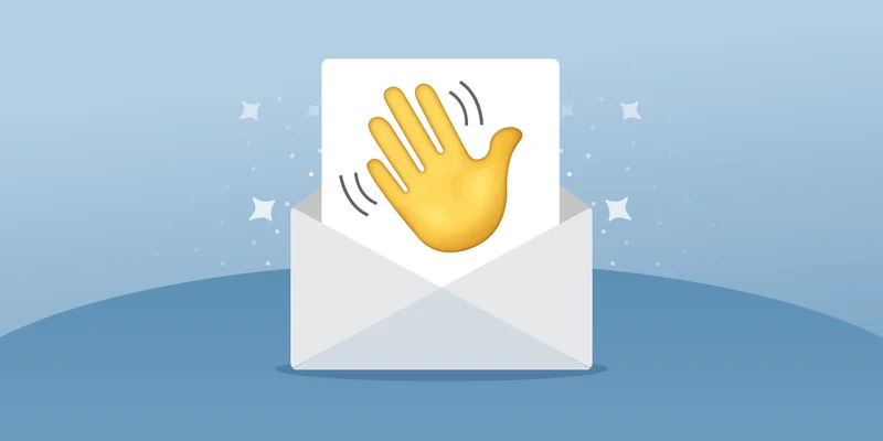 A hand waving emoji on a piece of paper coming out of an envelope.