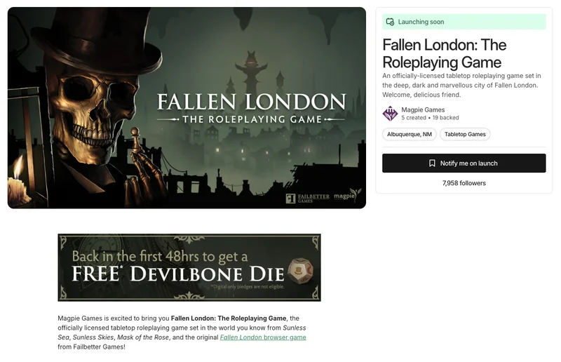 Example of Pre-Launch page: Fallen London: The Roleplaying Game