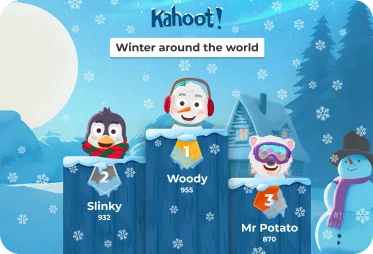 Kahoot podium with winter holiday theme and seasonal characters