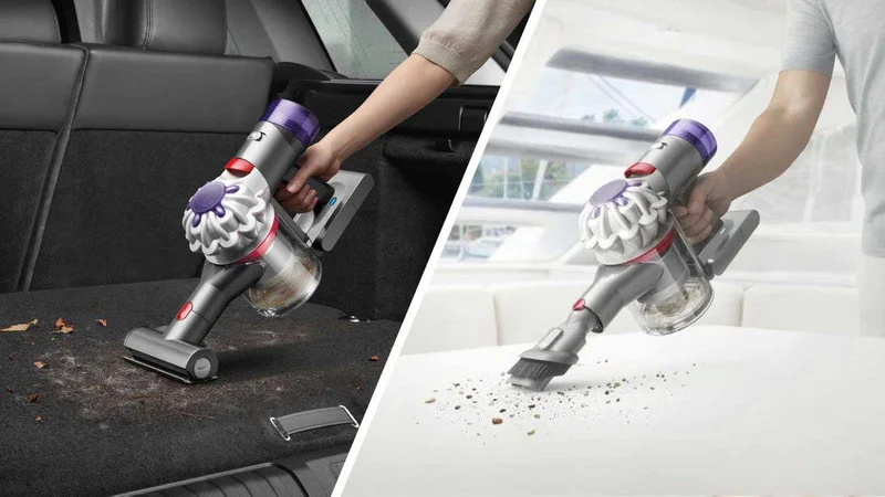 Dyson Car+Boat handheld vacuum being used to clean a car and a boat.
