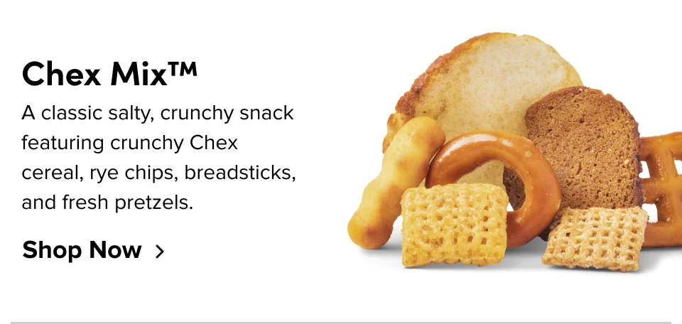 Chex Mix: A classic salty, crunchy snack featuring crunchy Chex cereal, rye chips, breadsticks, and fresh pretzels; Shop now