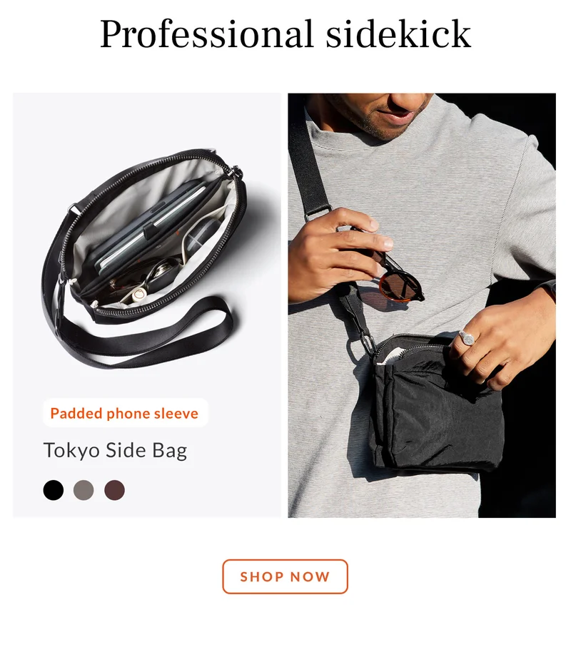 Tokyo Side Bag Professional sidekick Hiding maximum organization beneath a sleek profile SHOP NOW