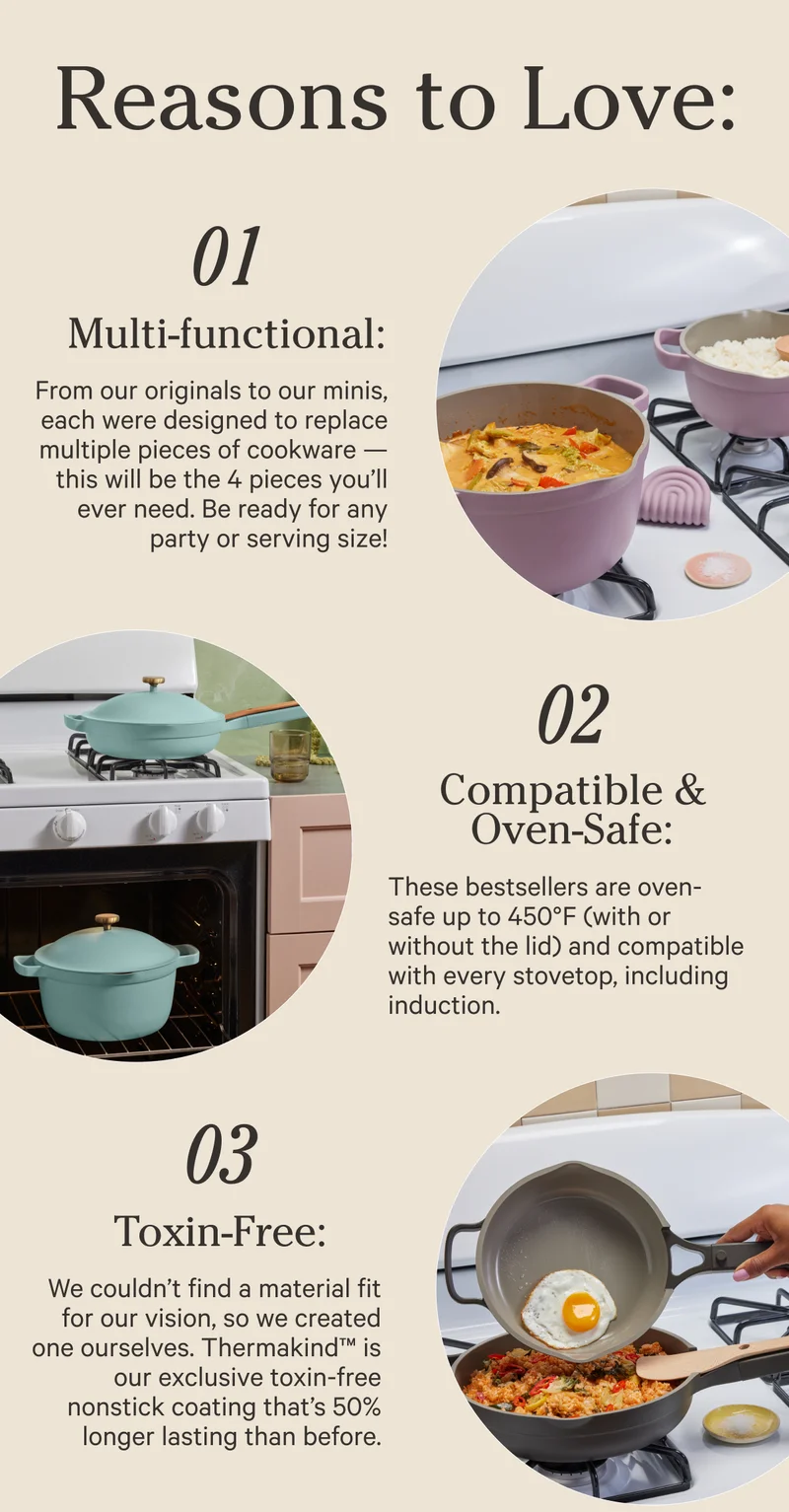 Reasons to Love The Cookware Set: 1. Multi-functional: From our originals to our minis, each were designed to replace multiple pieces of cookware - this will be the 4 pieces you'll ever need. Be ready for any party or serving size! 02. Compatible & Oven-Safe: These bestsellers are oven-safe up to 450 degrees Fahrenheit (with or without the lid) and compatible with every stovetop, including induction. 03. Toxin-Free: We couldn't find a material fit for our vision, so we created one ourselves. Themarkind TM is our exclusive toxin-free nonstick coating that's 50% longer lasting than before.