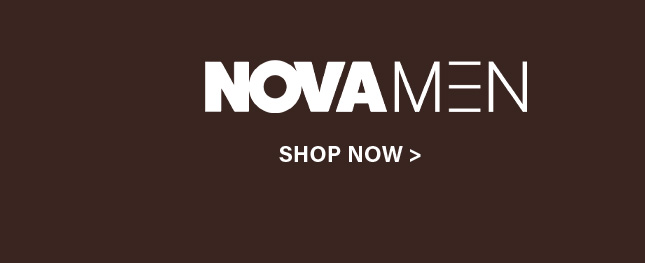 NOVAMEN brand name in white on a dark brown background. Below it, "SHOP NOW >" encourages browsing the latest men's clothing collection.
