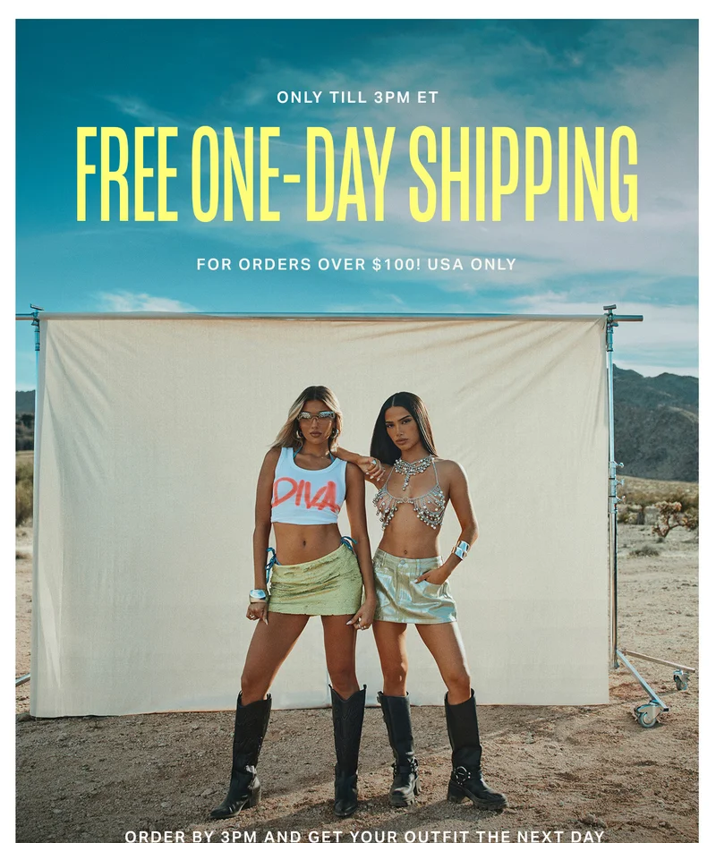 Two stylish women model chic outfits in the desert. Get free one-day shipping on women's fashion orders over $100 for quick delivery.