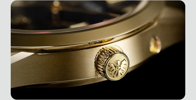 A closeup of the crown featuring the embossed eagle and the case's luxurious sheen
