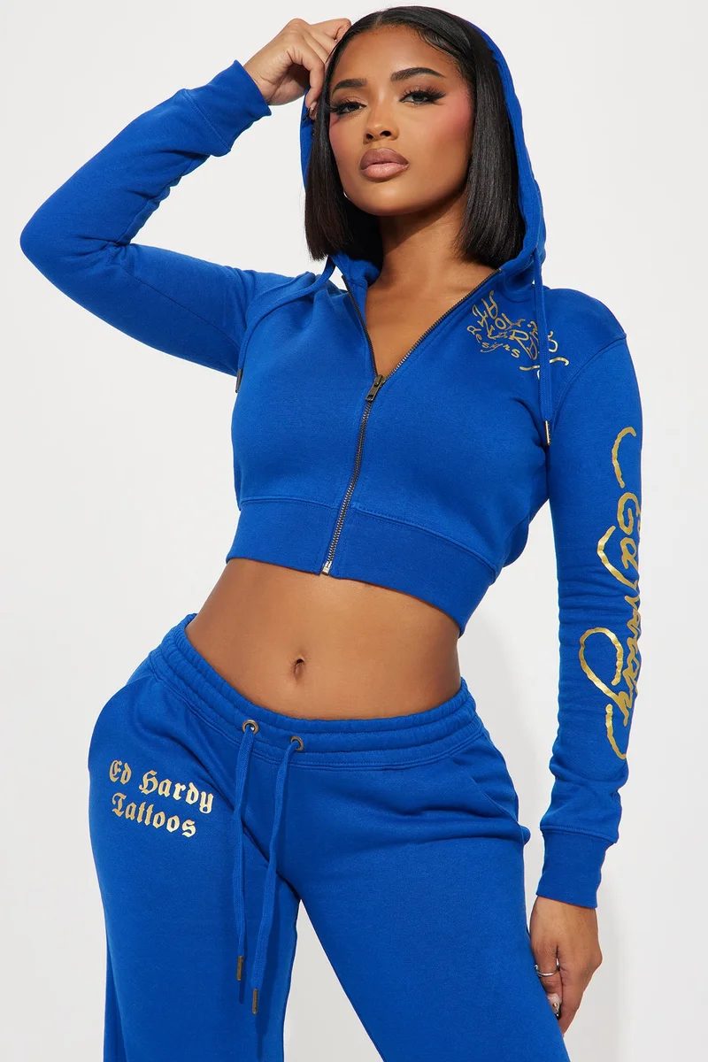 Image of Tiger Lotus Ed Hardy Zip Front Hoodie - CobaltBlue