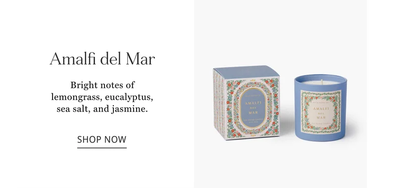 Amalfi del Mar Bright notes of lemongrass, eucalyptus, sea salt, and jasmine. shop now