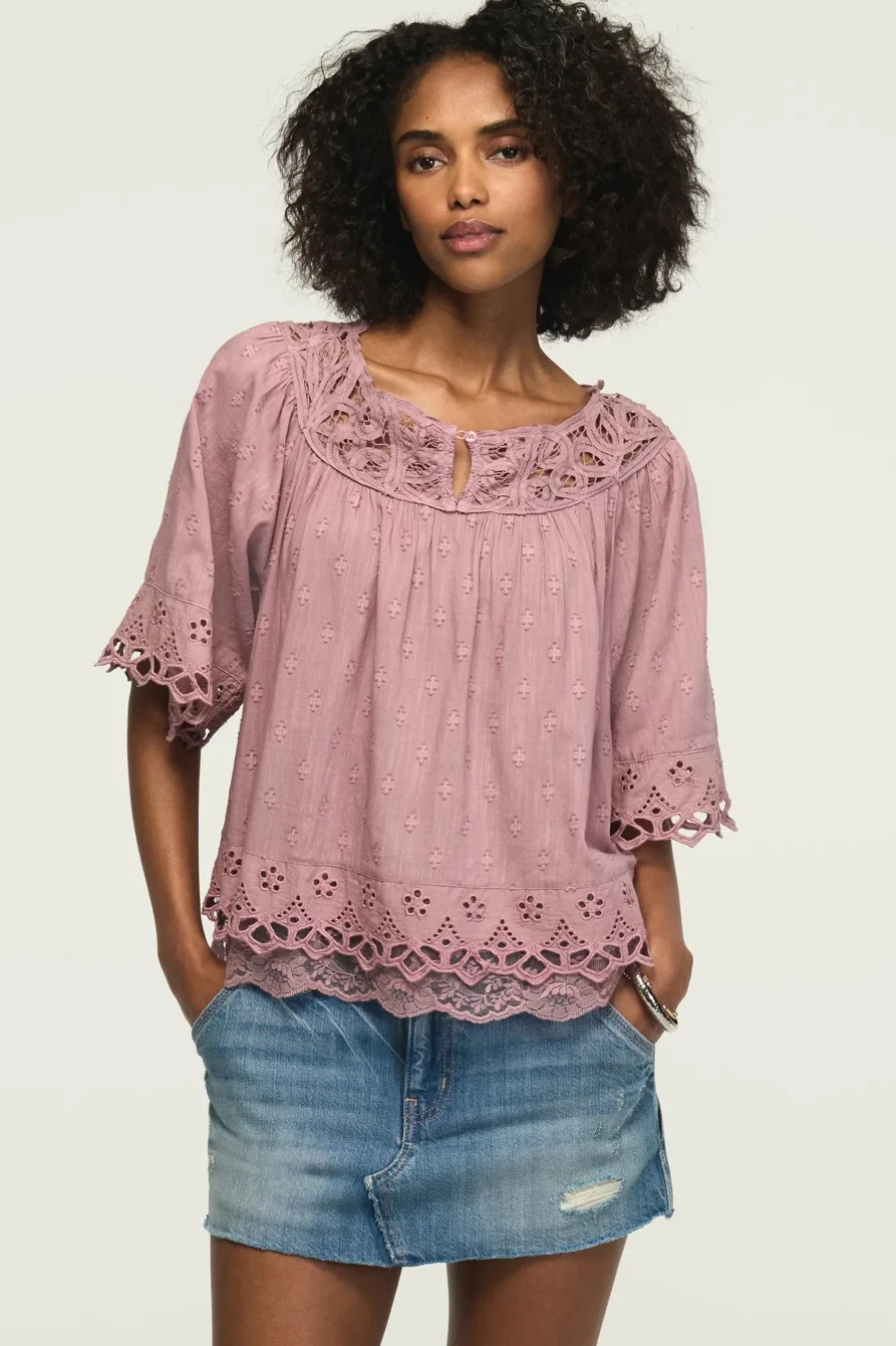 Image of Lucky Brand Battenburg Lace Top - Women's Clothing Tops Tees Shirts in Caviar