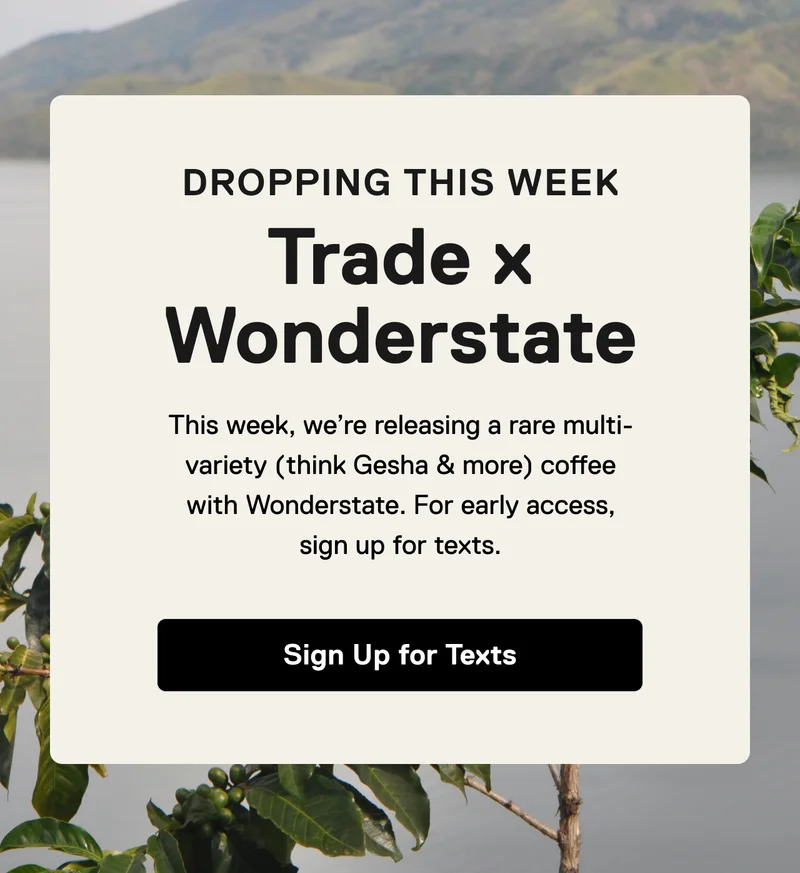 Dropping Next Week Trade x Wonderstate. Next week, we’re releasing a rare multi-variety (think Gesha & more) coffee with Wonderstate. For early access, sign up for texts. Sign up for texts.