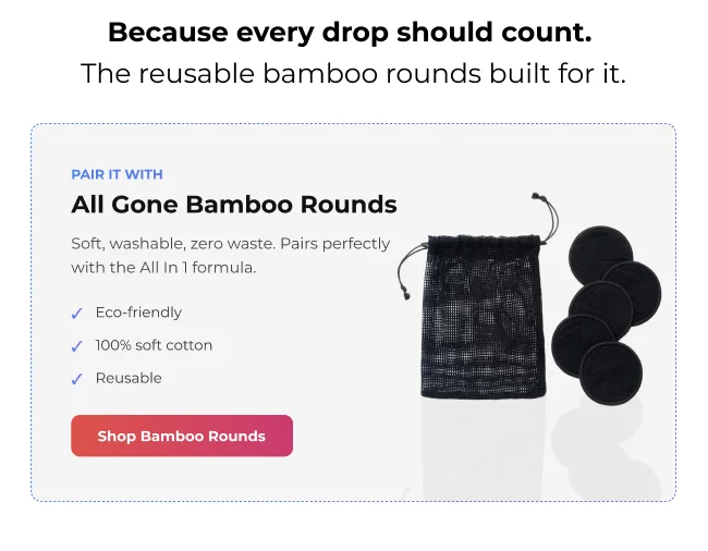 All Gone Bamboo Rounds reusable cotton pads with mesh wash bag and product feature callouts