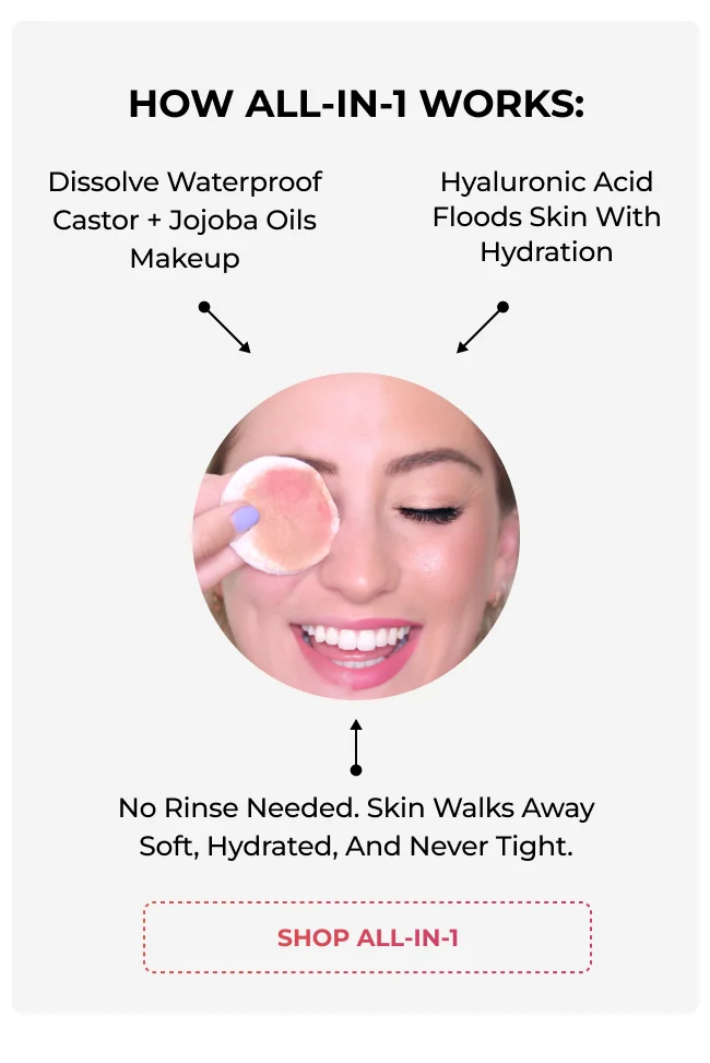 Model removing makeup with reusable cotton round demonstrating All-In-1 Makeup Remover benefits