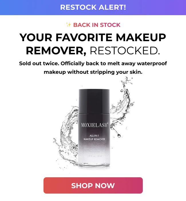 MoxieLash All-In-1 Makeup Remover bottle with water splash graphic and shop now CTA