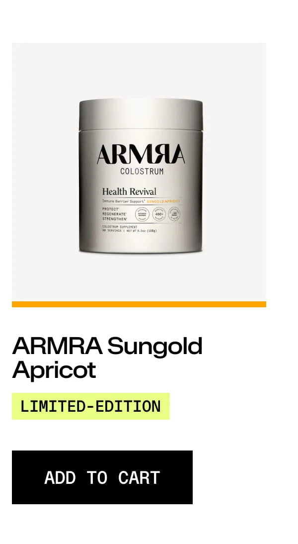 ARMRA Colostrum Sungold Apricot jar with Add to Cart button.