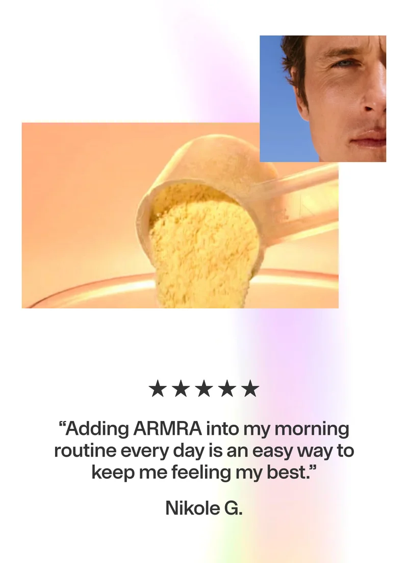 Five-star review quote about adding ARMRA to a daily morning routine.