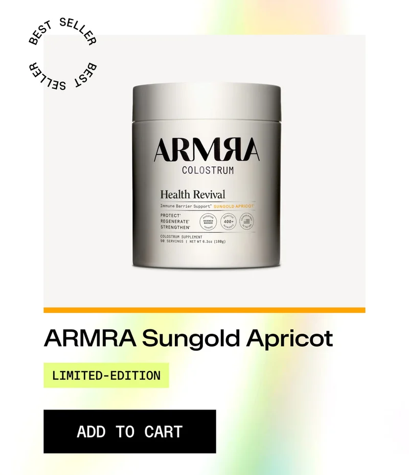 ARMRA Sungold Apricot limited-edition colostrum jar with Add to Cart button.