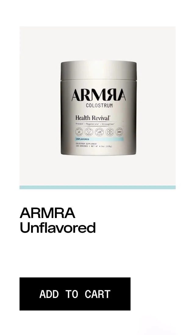 ARMRA Colostrum Unflavored jar with Add to Cart button.
