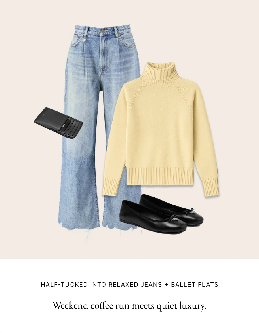 HALF-TUCKED INTO RELAXED JEANS+ BALLET FLATS