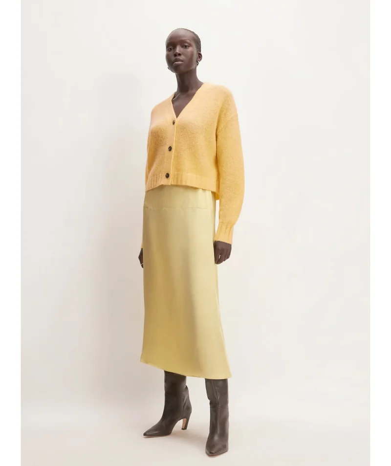 [image]the alpaca v-neck cropped cardigan, $148, the hammered satin slip skirt, $98, and the knee-high banana heel boot, $350