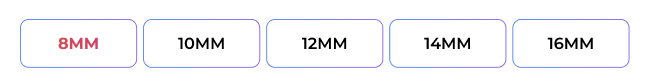 Row of lash length selector buttons showing 8mm, 10mm, 12mm, 14mm, and 16mm.
