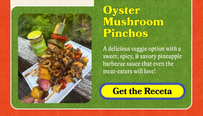 Oyster Mushroom Pinchos. A delicious veggie option with a sweet, spicy, & savory pineapple barbecue sauce that even the mat-eaters will love! Get the Receta