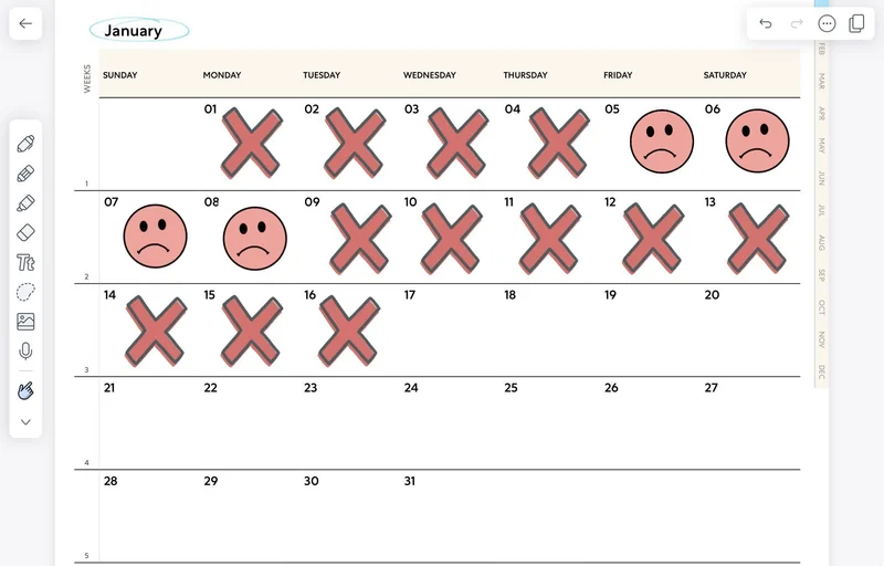 Image of a January calendar with red x’s or sad faces on some of the days.