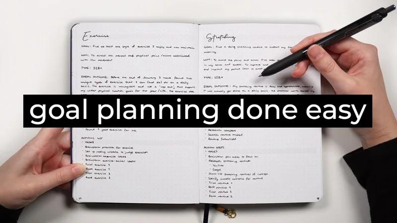 One hand holds the left side of a notebook filled with goal planning while the other holds a pen and writes in it. A black text box covers the middle of the image and says, “Goal planning done easy.”