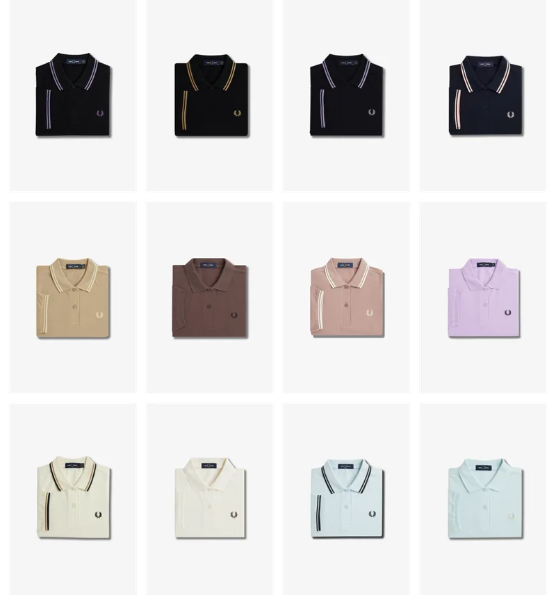A picture collage of varied Fred Perry Shirts, in different colours