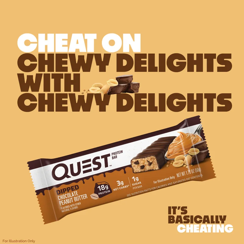Quest’s new Dipped Protein Bars in Chocolate Peanut Butter, Cookies & Cream, and Chocolate Chip Cookie Dough flavors.