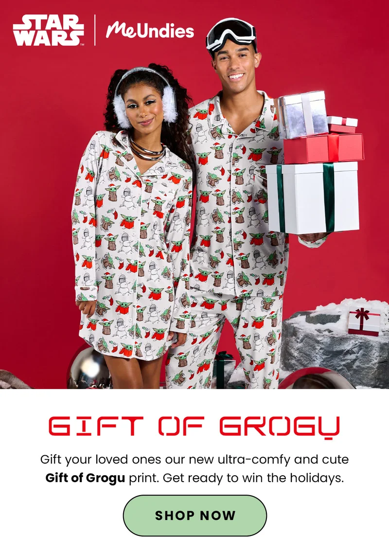 Headline: We Present: The Gift Of Grogu Body: Gift your loved ones our new ultra-comfy and cute Gift of Grogu print. Get ready to win the holidays.