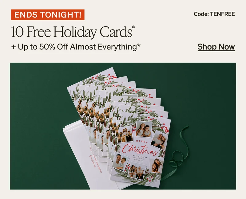 10 Free Holiday Cards + Up to 50% Off Almost Everything