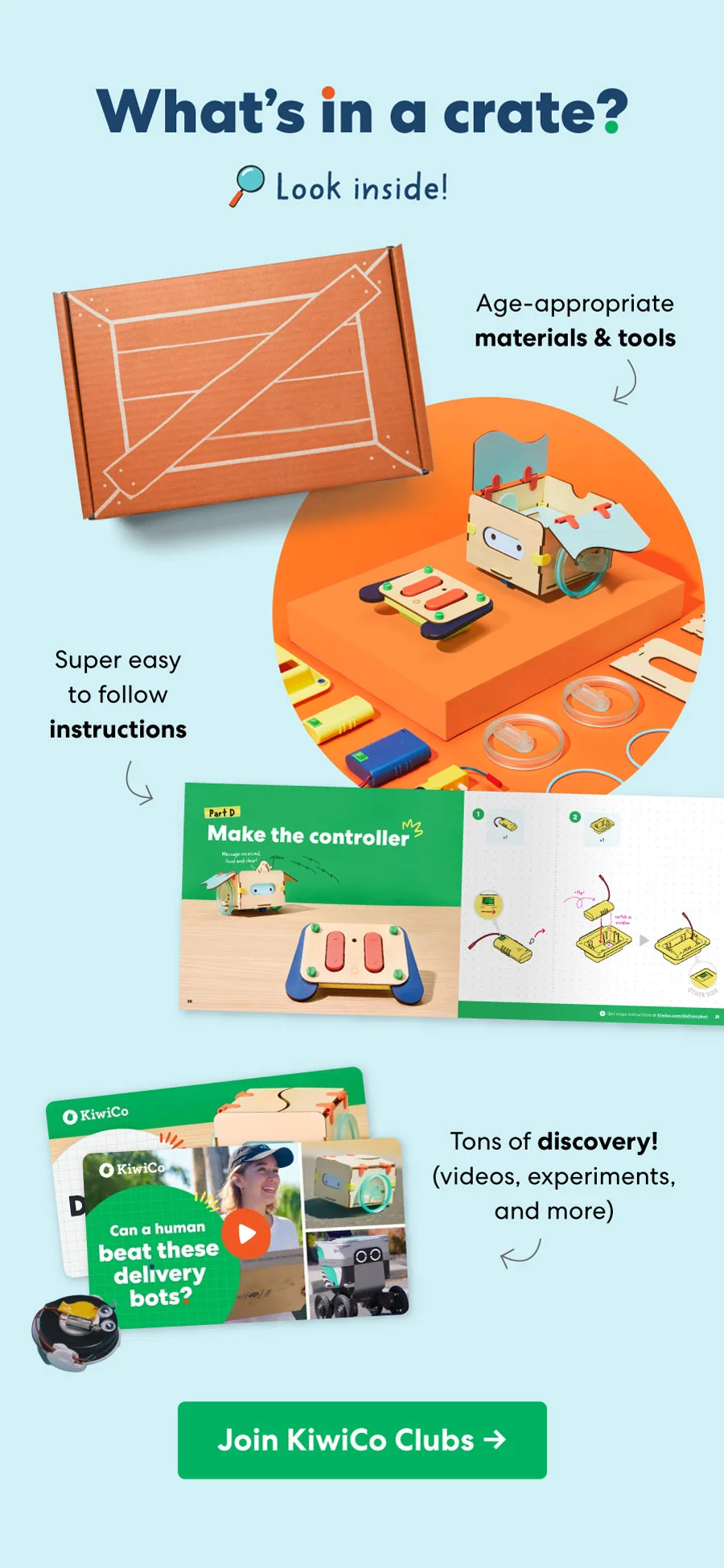 An open KiwiCo crate displaying age-appropriate materials, tools, and step-by-step instructions. Additional elements include illustrated project guides and videos showcasing experiments and discovery activities. Text encourages joining KiwiCo Clubs.