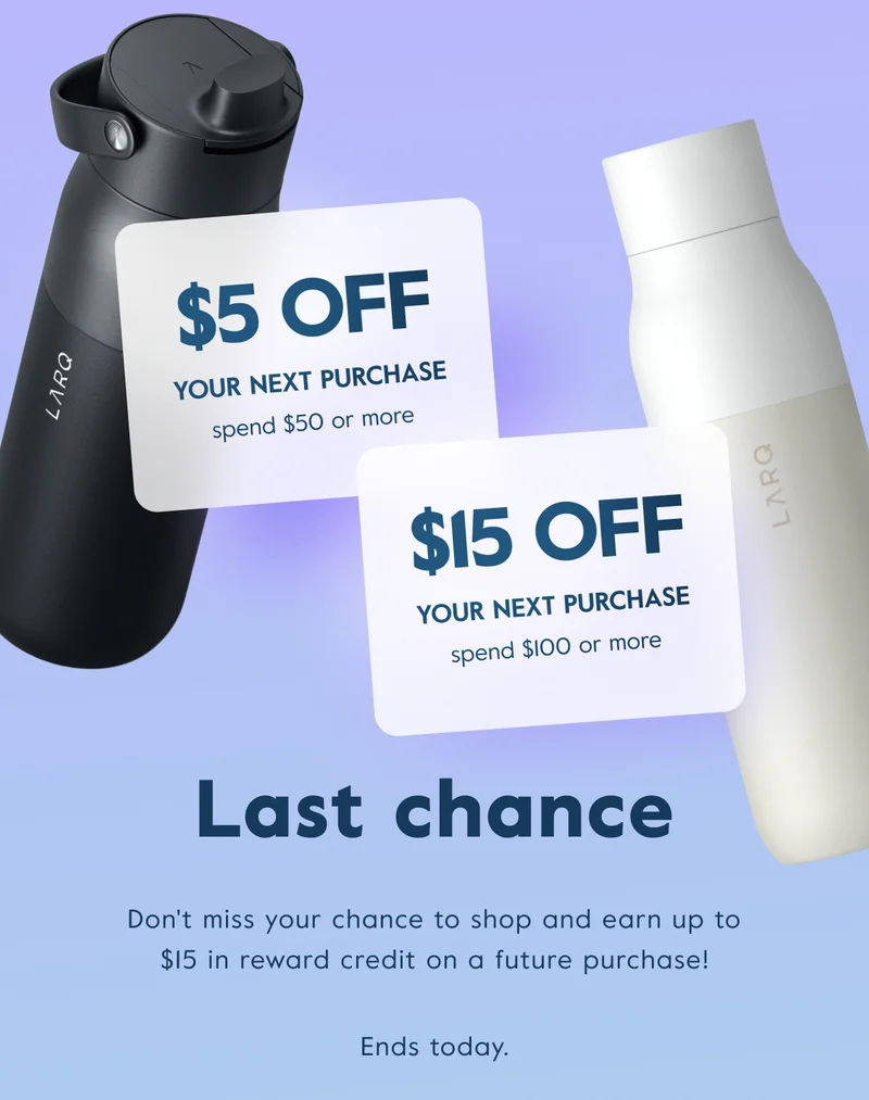 LARQ Bottle Swig Top in Obsidian Black and LARQ Bottle PureVis™ in Granite White- Last chance to shop and earn up to $15 in reward credit!