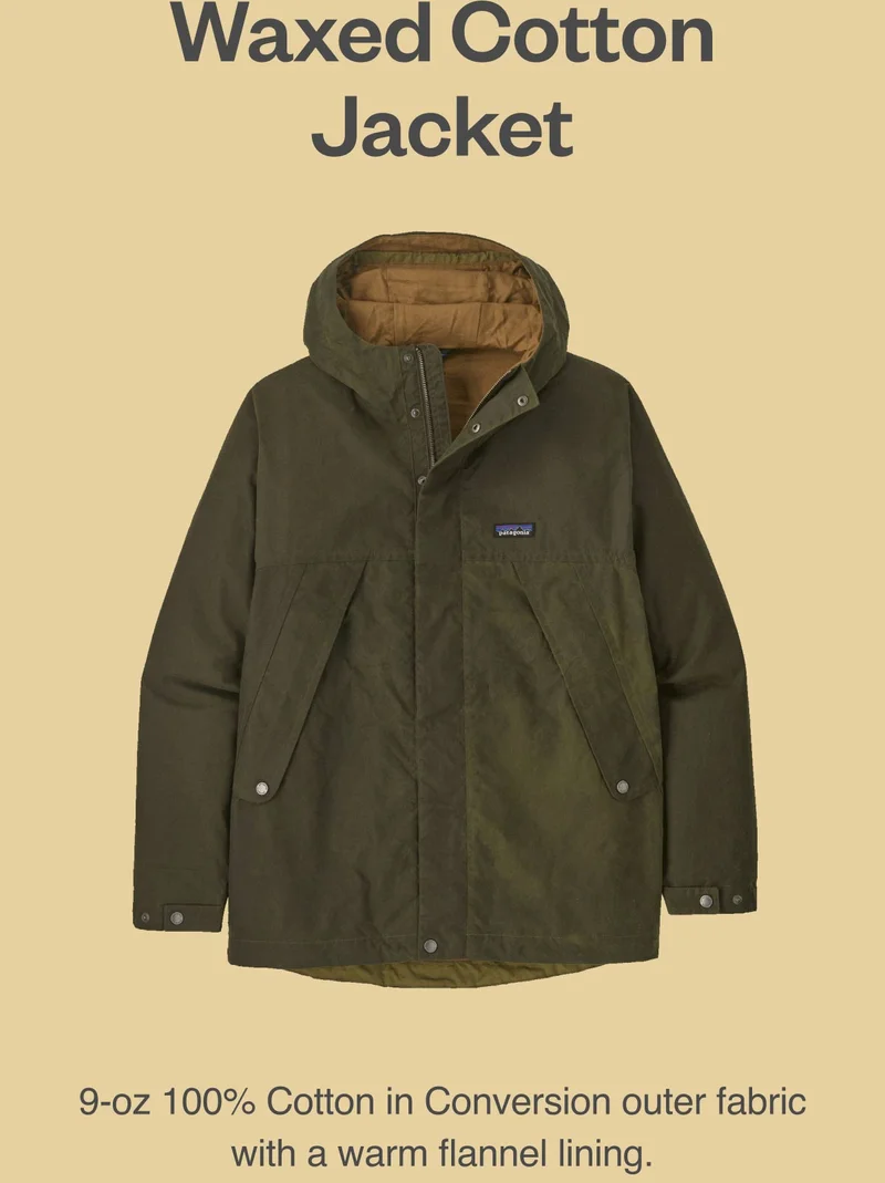 Waxed Cotton Jacket. 9-oz 100% Cotton in Conversion (CiC) outer fabric with warm CiC flannel lining.