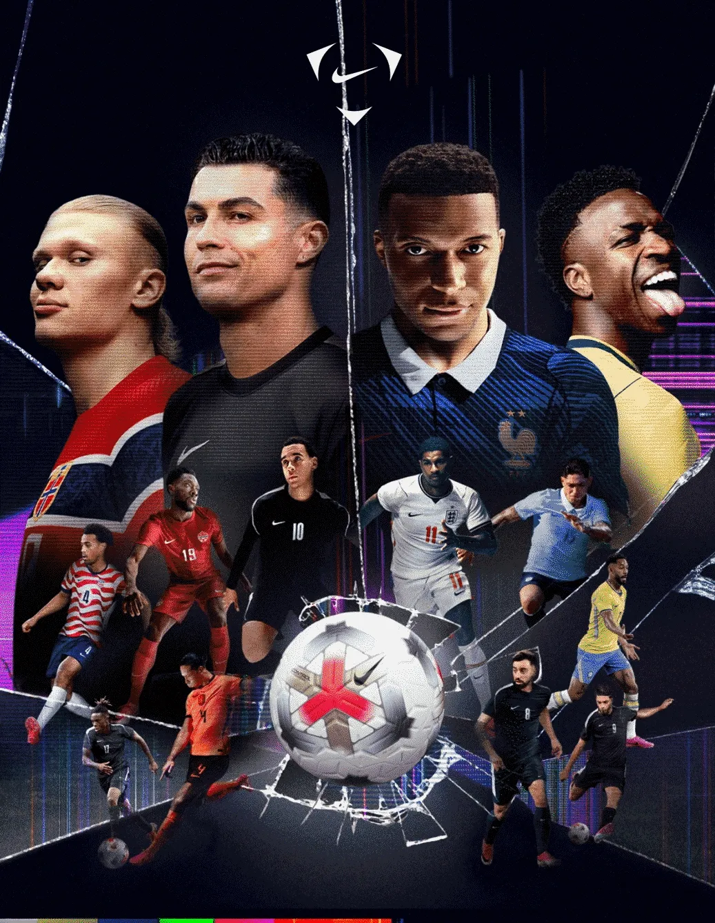 A glitchy gif shows a collage of close-ups and action shots of several football stars wearing Nike Football gear with a soccer ball in front appearing to break glass.
