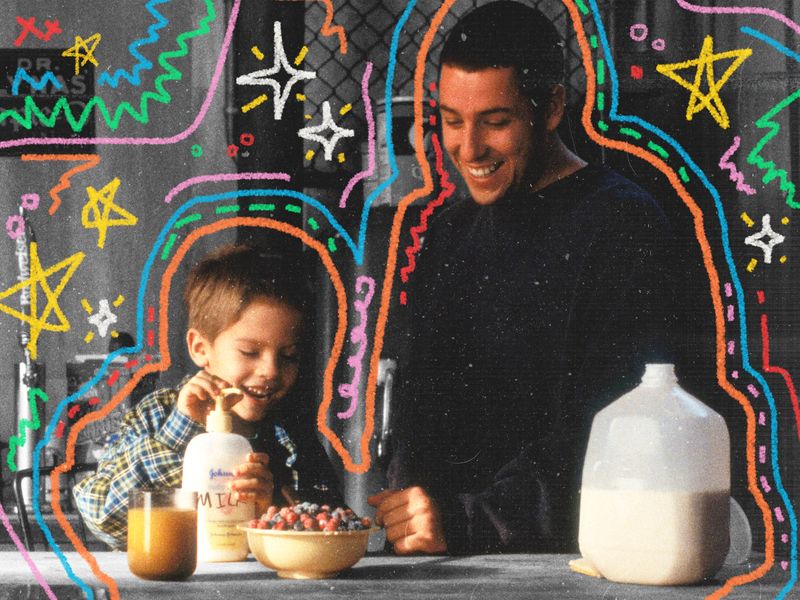 Image may contain: Adam Sandler, Cole Sprouse, Face, Head, Person, Photography, Portrait, Cup, Baby, Adult, and People