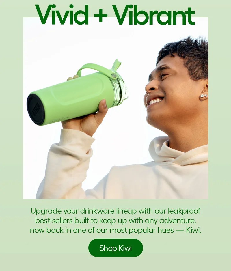 Vivid + Vibrant, Upgrade your drinkware lineup with our leakproof best-sellers built to keep up with any adventure, now back in one of our most popular hues - Kiwi. - Shop Kiwi