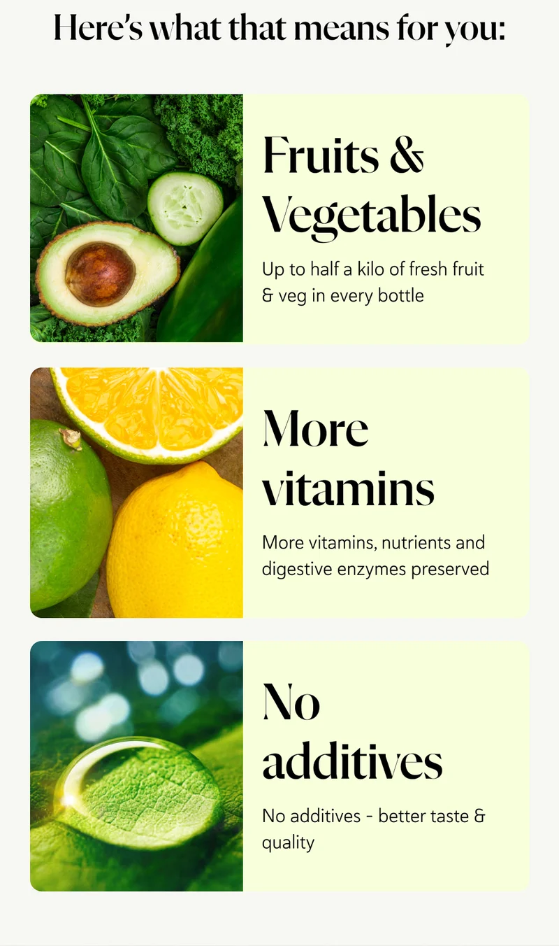 Here’s what that means for you:  ✔️ Up to half a kilo of fresh fruit & veg in every bottle ✔️ More vitamins, nutrients and digestive enzymes preserved ✔️ No additives – better taste & quality