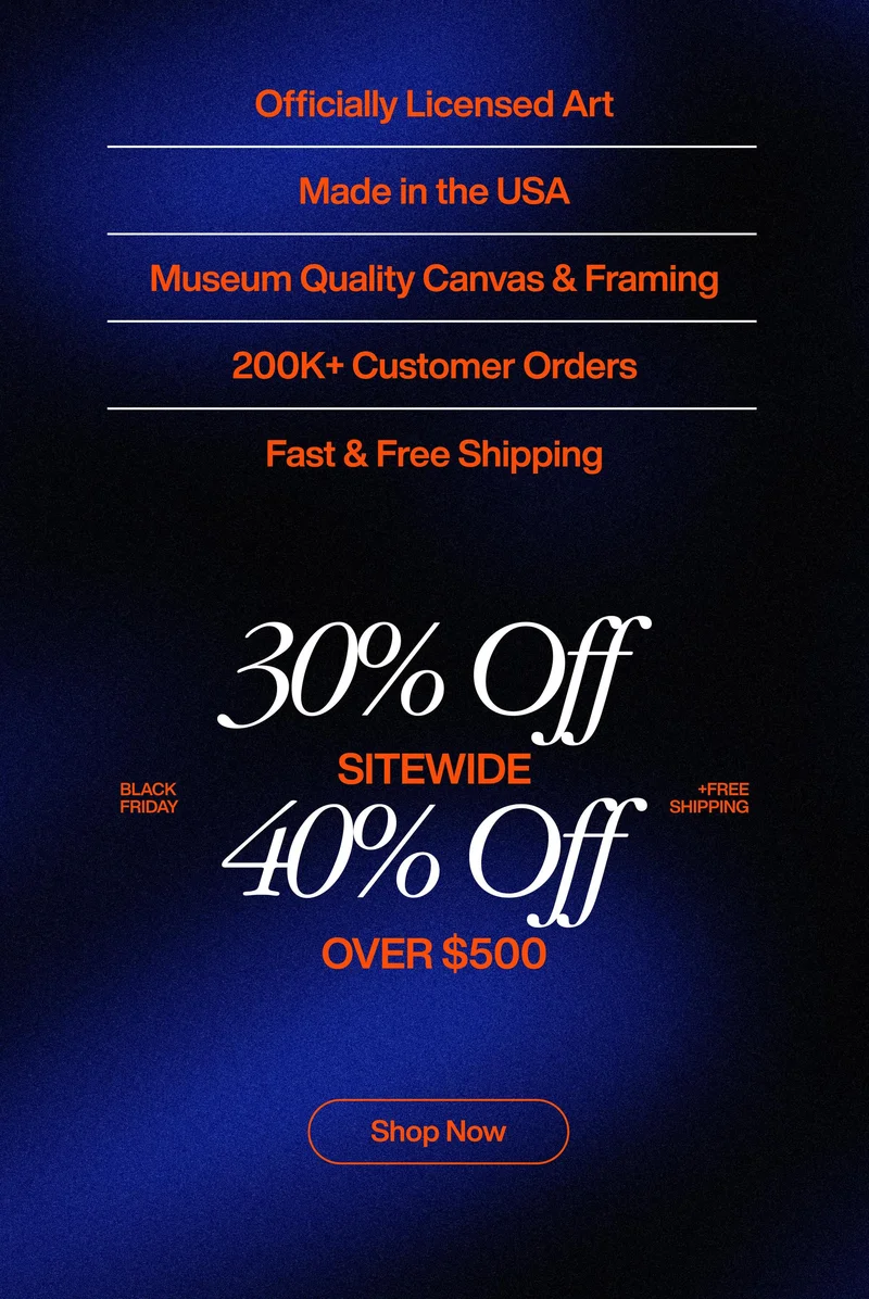 A dark blue textured graphic displaying IKONICK value props in bold orange text: “Officially Licensed Art,” “Made in the USA,” “Museum Quality Canvas & Framing,” “200K+ Customer Orders,” and “Fast & Free Shipping,” followed by Black Friday sale text showing “30% Off Sitewide” and “40% Off Over $500,” with a “Shop Now” button at the bottom. A dark blue textured graphic displaying IKONICK value props in bold orange text: “Officially Licensed Art,” “Made in the USA,” “Museum Quality Canvas & Framing,” “200K+ Customer Orders,” and “Fast & Free Shipping,” followed by Black Friday sale text showing “30% Off Sitewide” and “40% Off Over $500,” with a “Shop Now” button at the bottom.