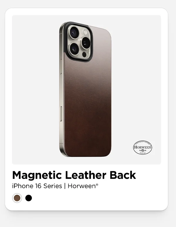 Rustic Brown Horween for iPhone 16. Ultra-thin and precision cut, Magnetic Leather Back for iPhone 16 Pro Max maintains the look and feel of your iPhone while giving it a sleek and sophisticated leather look.