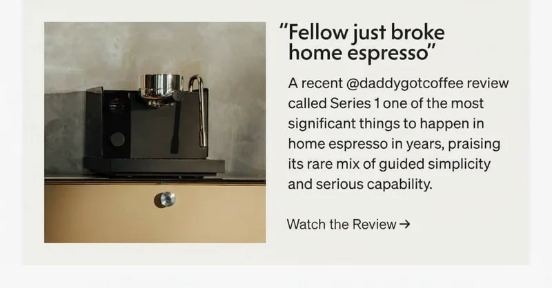 Espresso machine with a quote about its impact on home espresso.