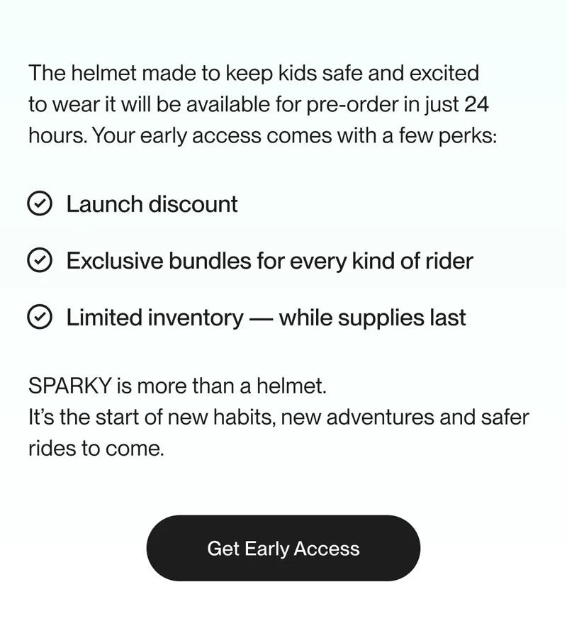 Early access announcement for the SPARKY launch, highlighting a launch discount and limited inventory, with a call to action to 'Get Early Access'.