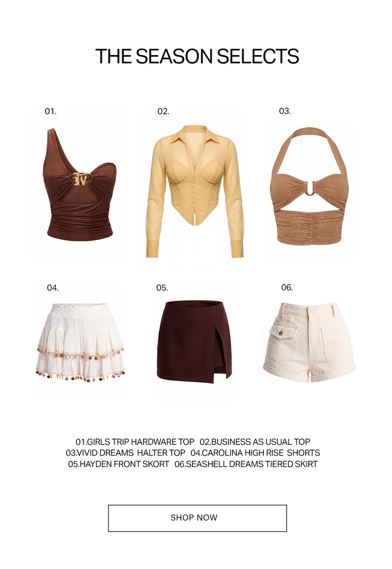 The Season Selects collection: chic women's tops, skirts, and shorts, including halter, corset, tiered skirt, and high-rise styles.